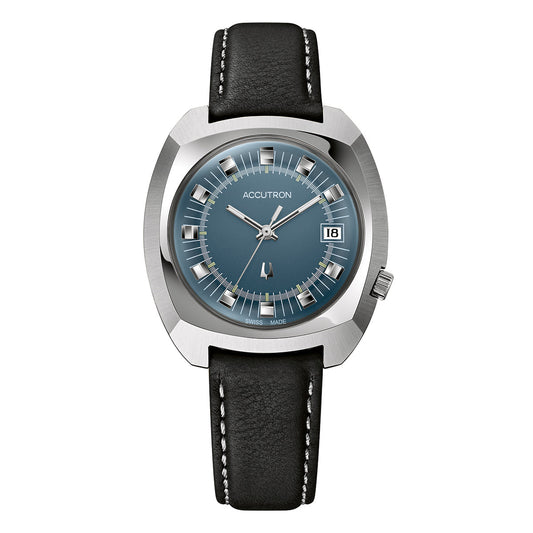 Introducing the Accutron Legacy Automatic 38.5mm Watch, a sleek timepiece from Accutron. It features a Swiss-made automatic movement and showcases a round blue face with silver hour markers and hands. A date display at three o'clock enhances its functionality, while the silver-toned case is elegantly complemented by a black leather strap detailed with white stitching.