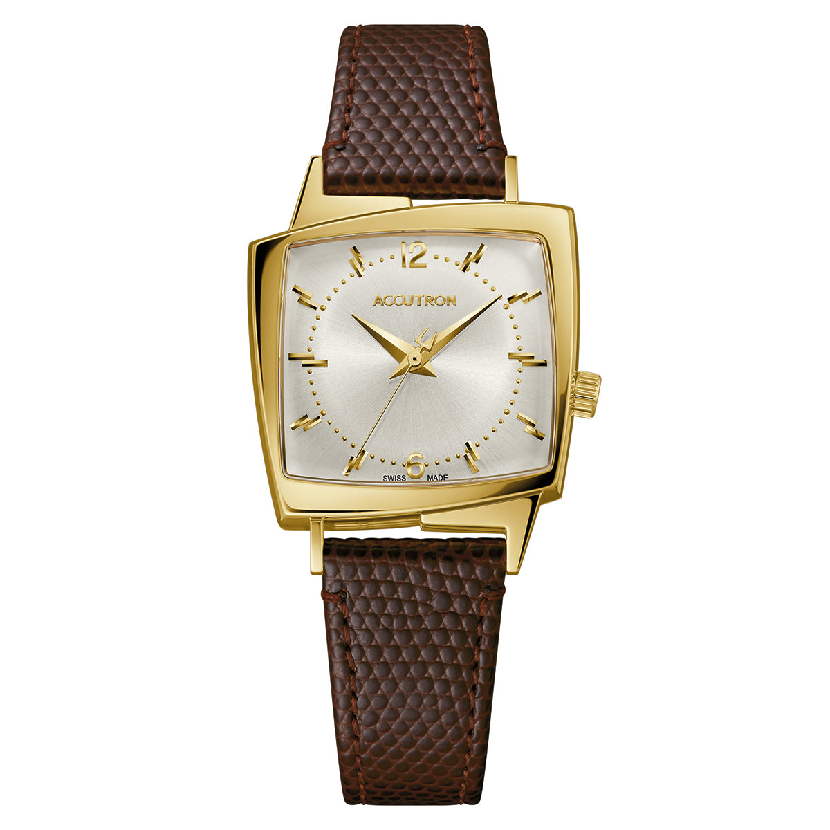 The Accutron Legacy Automatic watch, measuring 32.8mm x 32.5mm, features a signature square face emblazoned with the Accutron emblem. The timepiece's silver dial is highlighted by gold hour markers and a coordinated second hand, and it is complemented by a textured brown leather strap. This limited edition luxury watch exudes timeless elegance and sophistication.