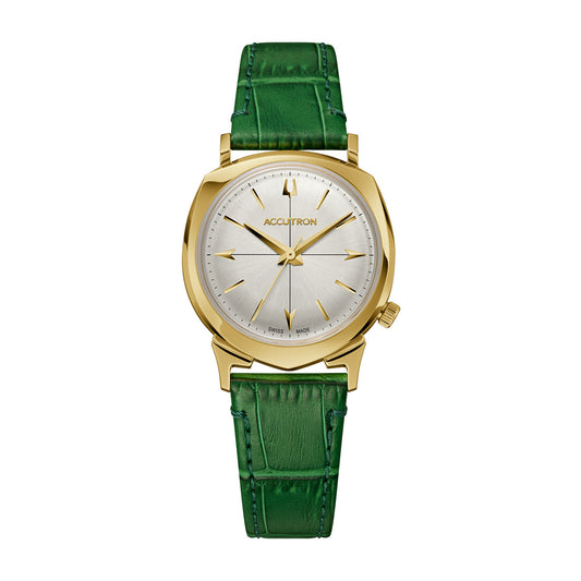 Experience the elegance of the Accutron Legacy Automatic 33mm Watch, showcasing a gold Alpha case design with a metallic silver dial. This timepiece features gold hour markers and hands, along with the "Accutron" name finely displayed on the dial. It is stylishly complemented by a green leather strap.