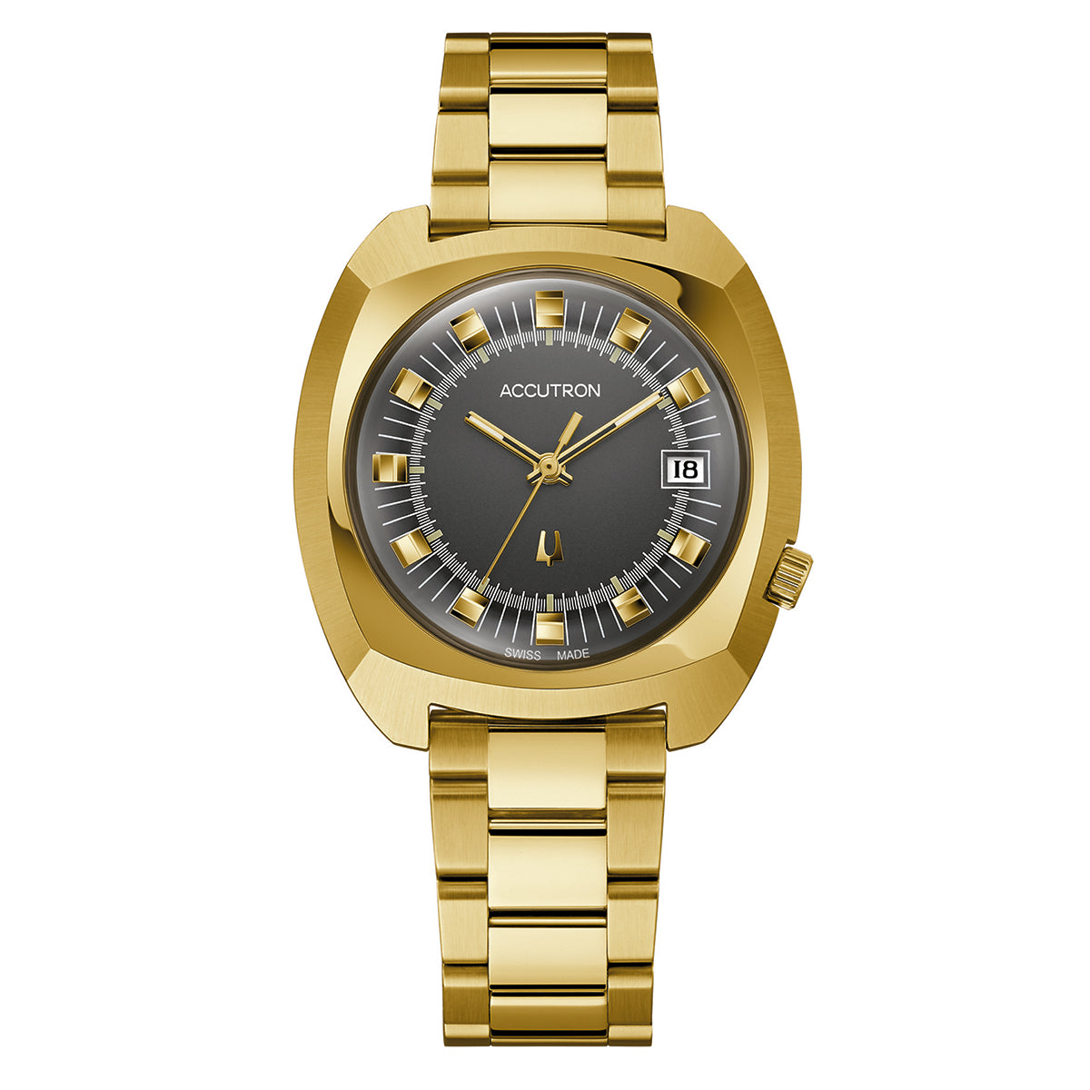 The Accutron Legacy Automatic 38.5mm Watch is a luxury timepiece featuring a gold case with a round gray face and gold hour markers. It includes a date display at the 3 o'clock position and comes with a metallic band. The brand name "Accutron" is prominently displayed on the watch face, emphasizing its Swiss-made automatic movement for precise timekeeping.