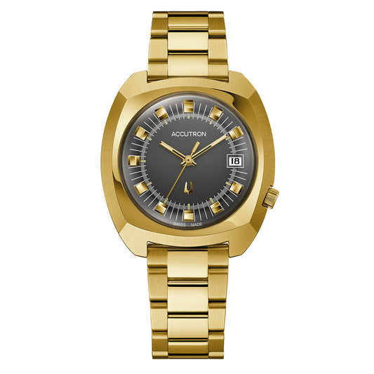 The Accutron Legacy Automatic 38.5mm Watch is a luxury timepiece featuring a gold case with a round gray face and gold hour markers. It includes a date display at the 3 o'clock position and comes with a metallic band. The brand name "Accutron" is prominently displayed on the watch face, emphasizing its Swiss-made automatic movement for precise timekeeping.