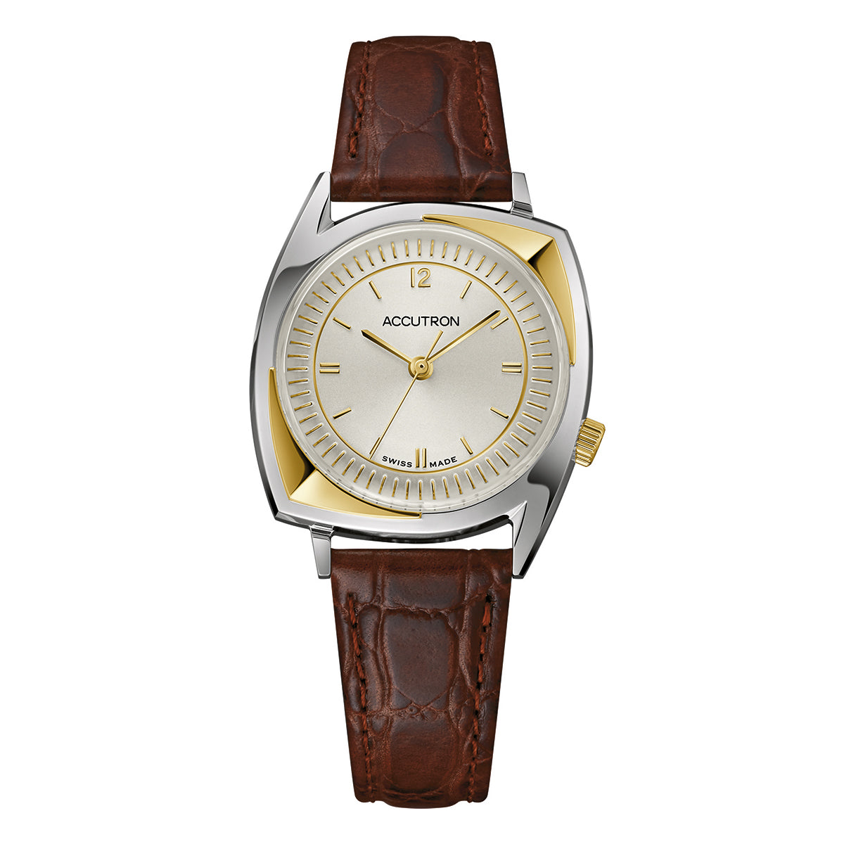 The Accutron Legacy Automatic 34mm Watch by Accutron is a men's wristwatch featuring a Swiss-made automatic movement. It displays a round face in silver with gold-tone accents, including the hour markers and the brand name "Accutron." The brown leather strap has an elegant crocodile pattern, and it is complemented by a silver-toned bezel with distinctive angled lugs.