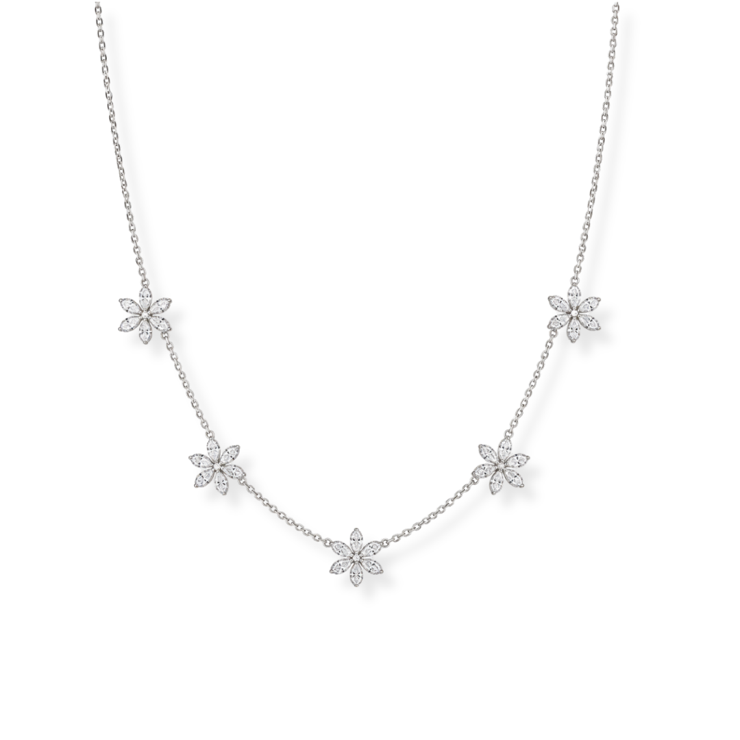 The Raffi&Co.® 18K White Gold Diamond Station Necklace features five evenly spaced flower-shaped pendants, each adorned with sparkling SI-VS G/H round diamonds totaling 1.26 CTW, elegantly displayed on a plain white background.
