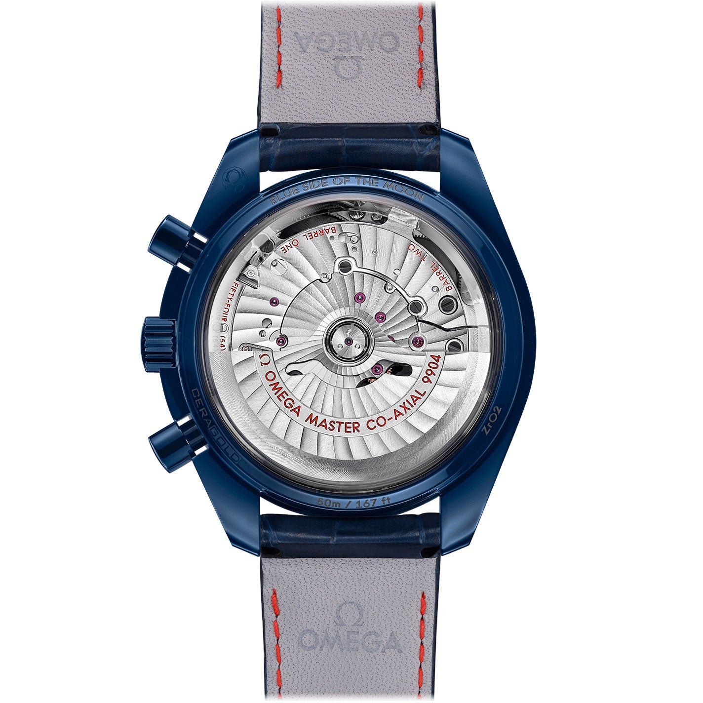 The image features the back view of the OMEGA Speedmaster Moonphase Co-Axial Master Chronometer Moonphase Chronograph 44.25mm, showcasing its visible mechanical movement. The watch's blue case includes a transparent back that displays the intricate components within. A gray leather strap with orange stitching enhances the elegant appearance of this Blue Side of the Moon timepiece by OMEGA.