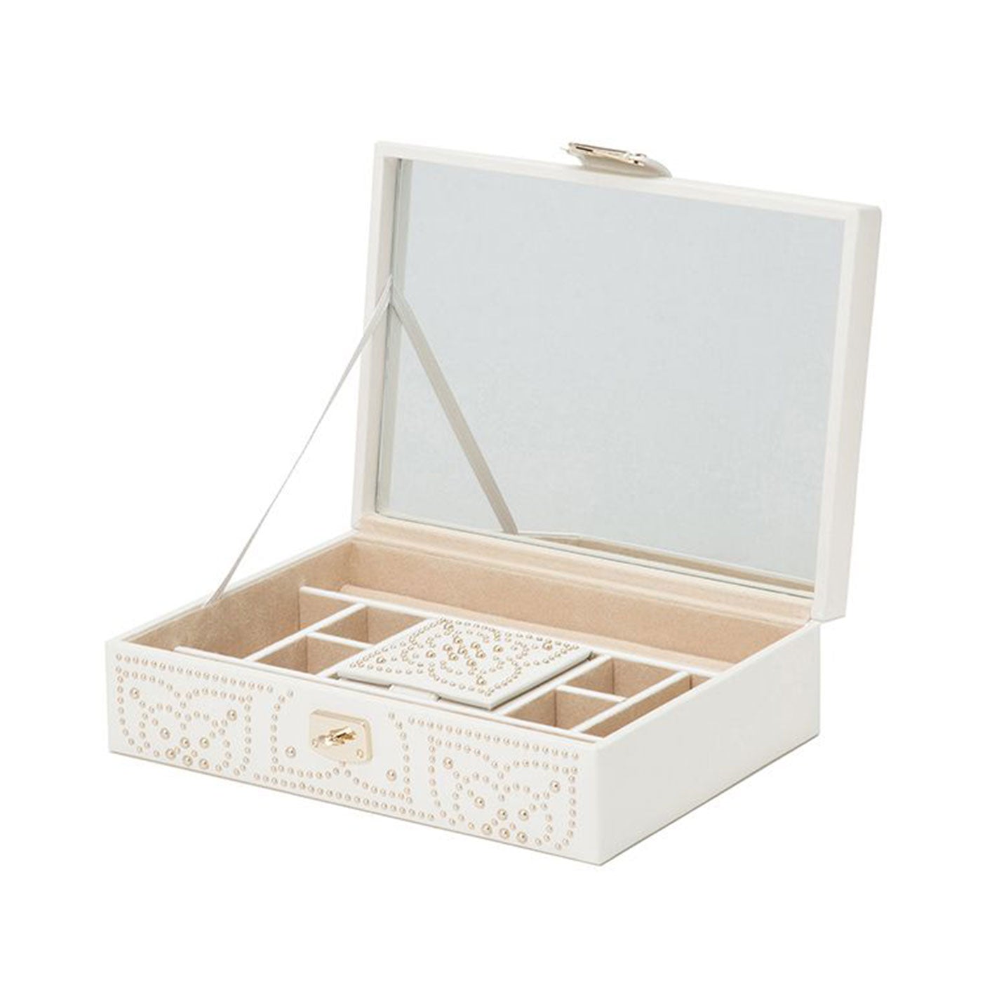 Introducing the WOLF 1834 Marrakesh Cream Jewellery Box by WOLF: expertly crafted with leather and gold studding, this elegant box opens to reveal a mirror inside the lid. It features intricate gold patterns on its exterior and multiple compartments lined with light beige fabric for jewelry organization, enhanced by LusterLoc™ technology to protect your precious items.
