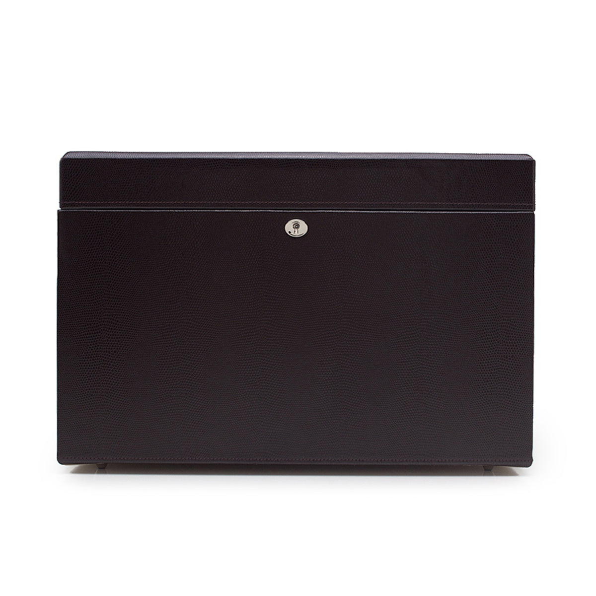 The WOLF 1834 London Large Jewellery Box is an upright, closed black leather case with a textured lizard-embossed finish and features a small, round metal lock in the center, standing against a plain white background.