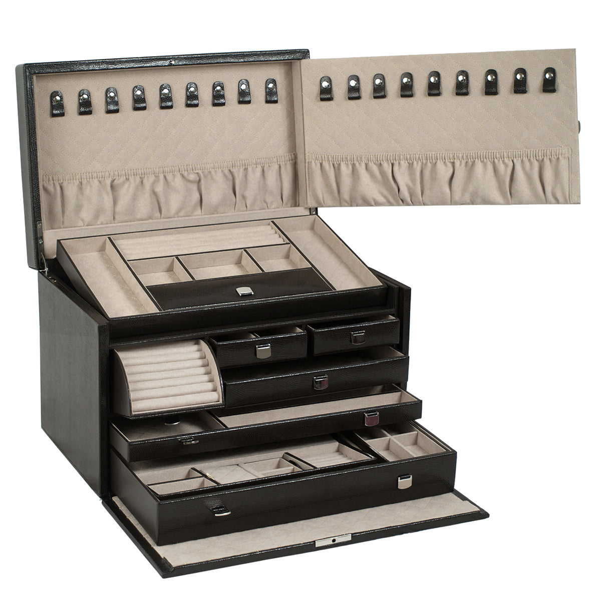 The WOLF 1834 London Large Jewellery Box, crafted by WOLF, is an open black lizard embossed leather box designed with multiple compartments and drawers. It includes slots for rings, hooks for necklaces, and cushioned sections for various pieces. Additionally, the lid features extra necklace hooks and a soft lining.