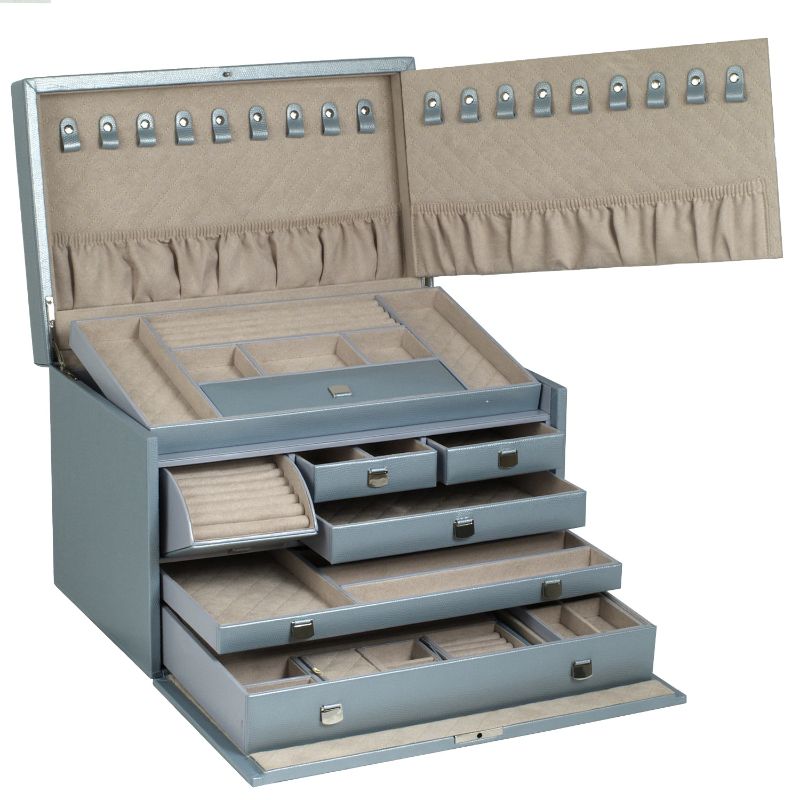 Presenting the WOLF 1834 London Large Jewellery Box: a luxurious creation by WOLF, featuring multi-tiered compartments and drawers crafted from lizard-embossed leather. This exquisite piece is lined with beige fabric inside, while the lid includes hooks for hanging necklaces. Designed with multiple sections to organize your jewelry collection, it also incorporates advanced LusterLocâ„¢ technology.