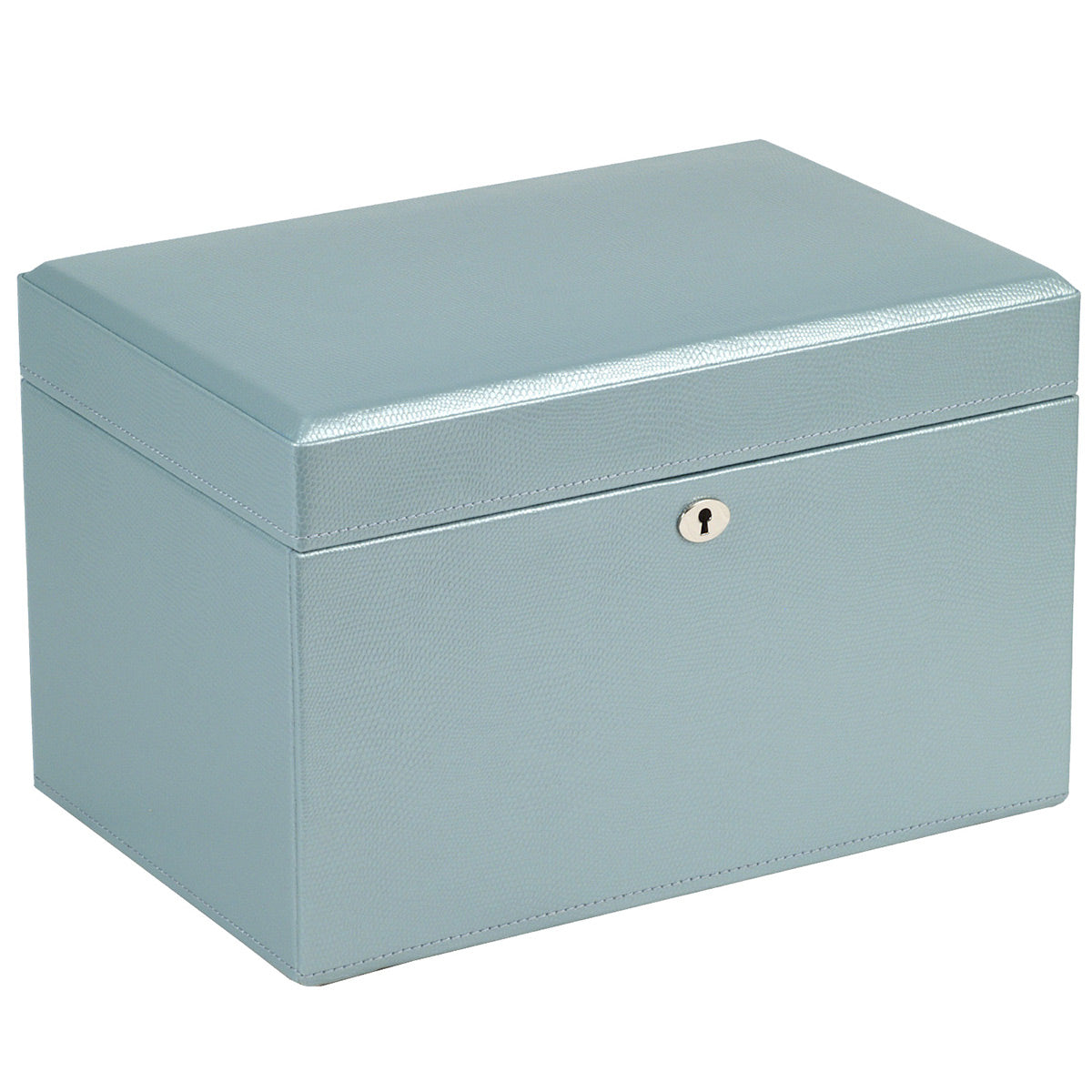 The WOLF 1834 London Jewellery Box is a closed, rectangular piece in light blue that boasts a textured lizard-embossed leather surface. It features a small, circular keyhole on the front and has a flat lid. Made of sturdy material, it includes LusterLocâ„¢ lining for added protection of your jewelry.