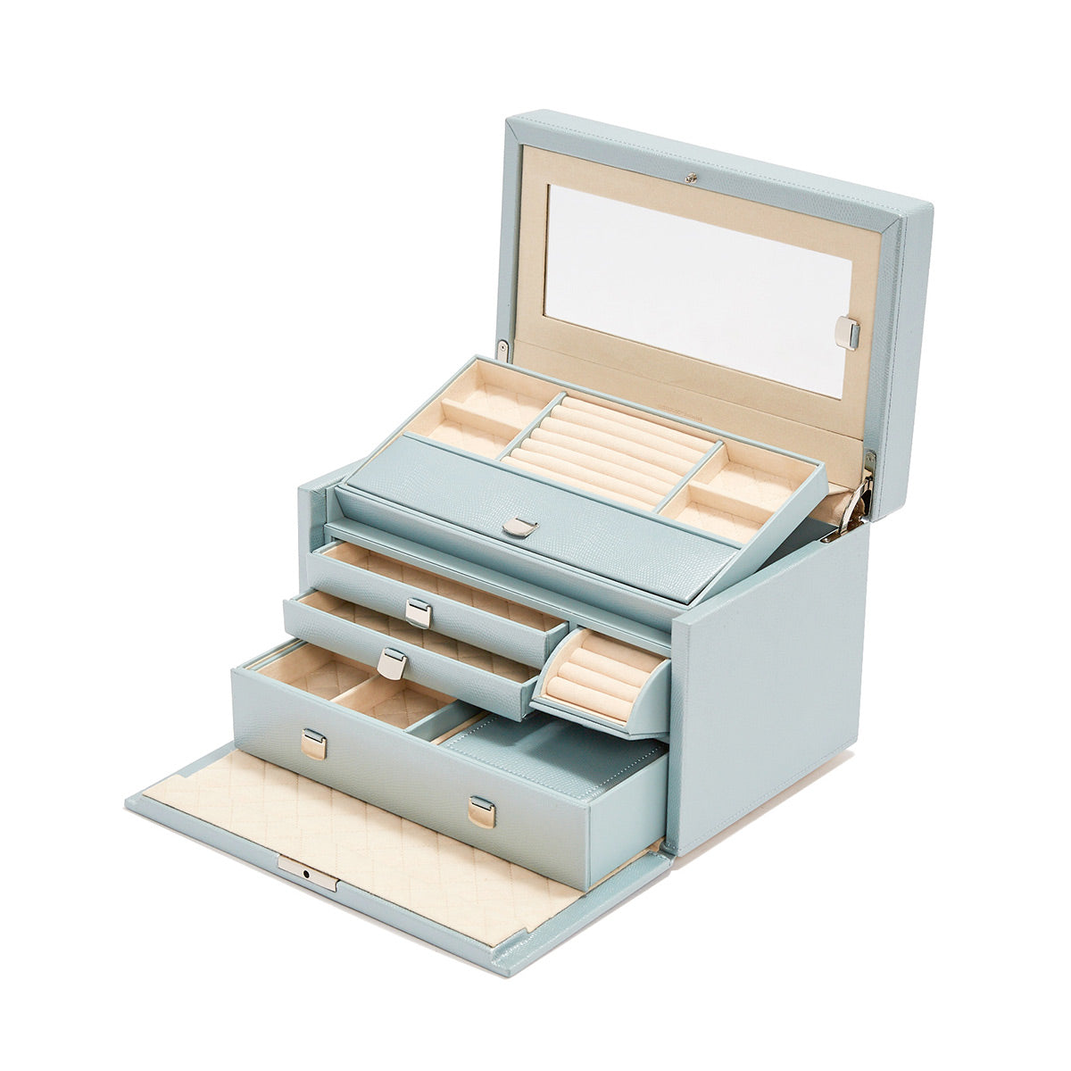 Discover the WOLF 1834 London Jewellery Box, crafted with blue lizard embossed leather and a mirror incorporated in the lid. It features multiple compartments designed for rings and accessories. The box is equipped with several drawers in various sizes, all lined with beige fabric, providing a stylish solution for organizing your treasures.