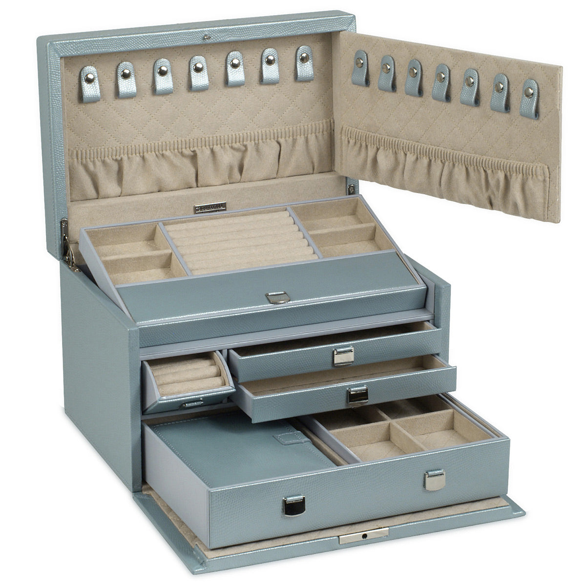 The WOLF 1834 London Jewellery Box is a stunning open light blue piece, featuring multiple compartments and drawers. Its lid is equipped with hooks for necklaces, while the interior showcases a beige fabric lining. Crafted from lizard embossed leather, this box is perfect for organizing rings, earrings, and other accessories. It also includes LusterLocâ„¢ technology to keep your treasures protected.