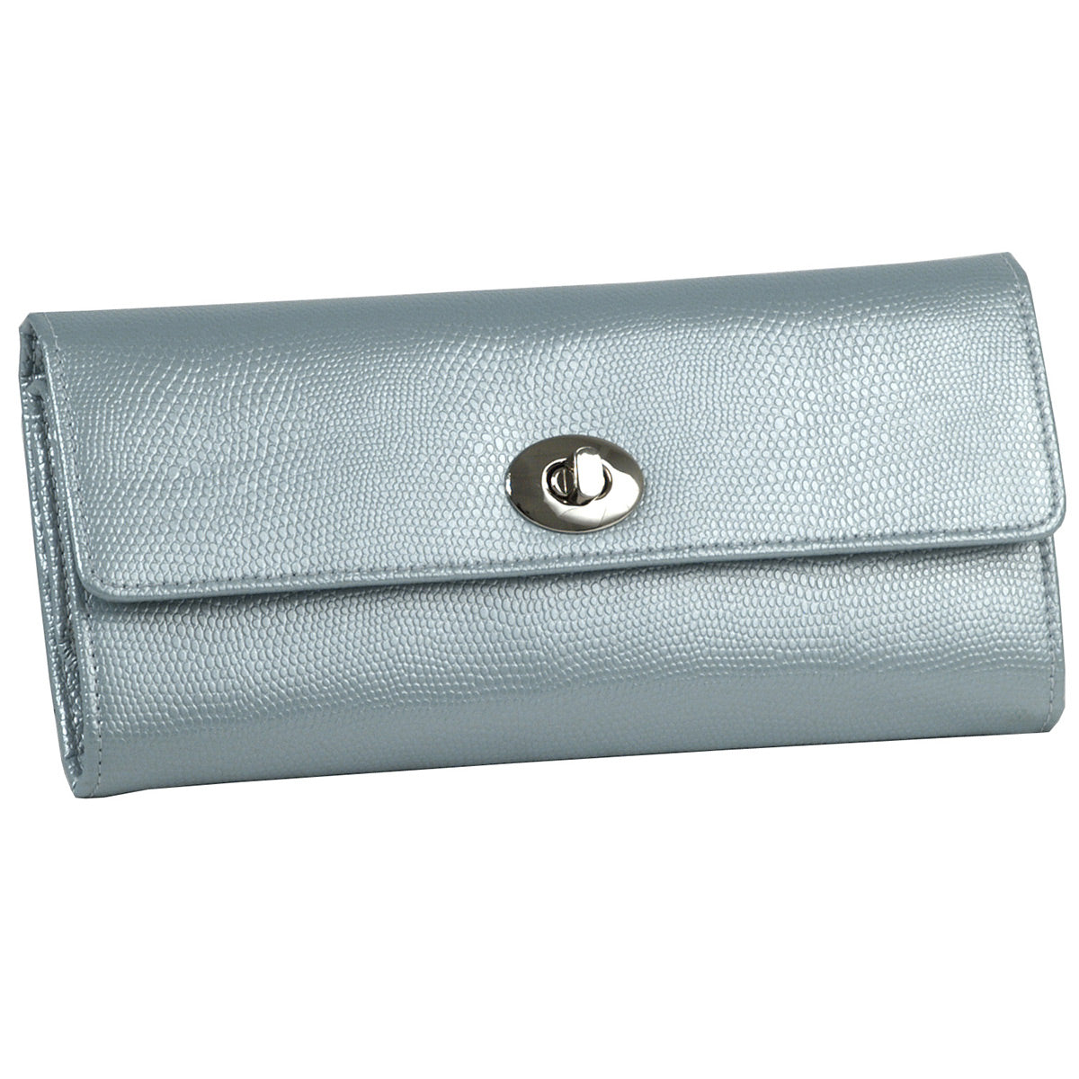 Introducing the WOLF 1834 London Jewellery Roll, a luxe accessory crafted from lizard embossed leather in shimmering metallic silver, complete with a textured finish and secured by an elegant turn-lock closure.