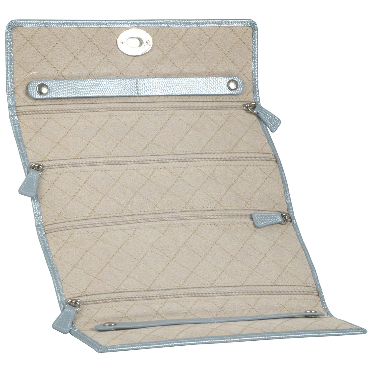 The WOLF 1834 London Jewellery Roll by WOLF is an open, quilted organizer accented with a silver border and lined with LusterLocâ„¢. It includes multiple zippered compartments for convenient storage and secures at the top with a snap closure. The interior showcases a beige fabric adorned with a diamond pattern.