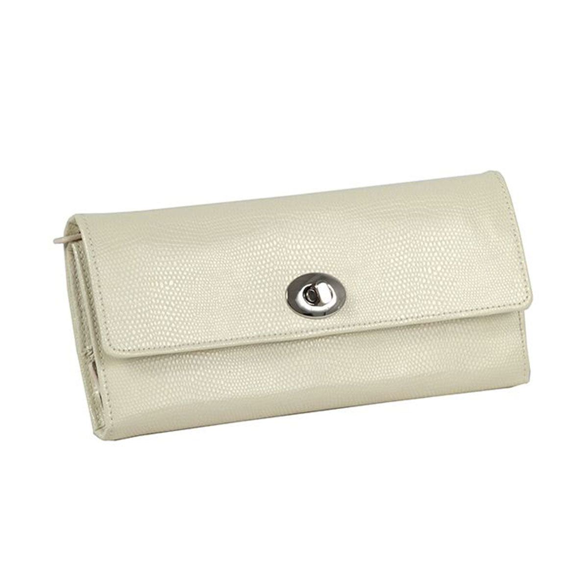 The WOLF 1834 London Jewellery Roll, designed by WOLF, features a cream-colored lizard embossed leather texture and a glossy silver clasp on the flap, elegantly displayed against a plain white backdrop.