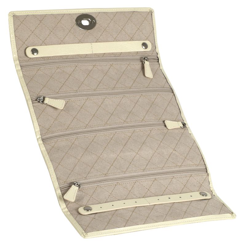 Introducing the WOLF 1834 London Jewellery Roll by WOLF: an elegant, beige quilted jewellery roll accented with embossed lizard leather. It features multiple zippered pockets, a dedicated strap for rings and earrings, and a convenient snap closure at the top. The interior is equipped with LusterLocâ„¢ lining to ensure your treasures remain safe and free from tarnish.