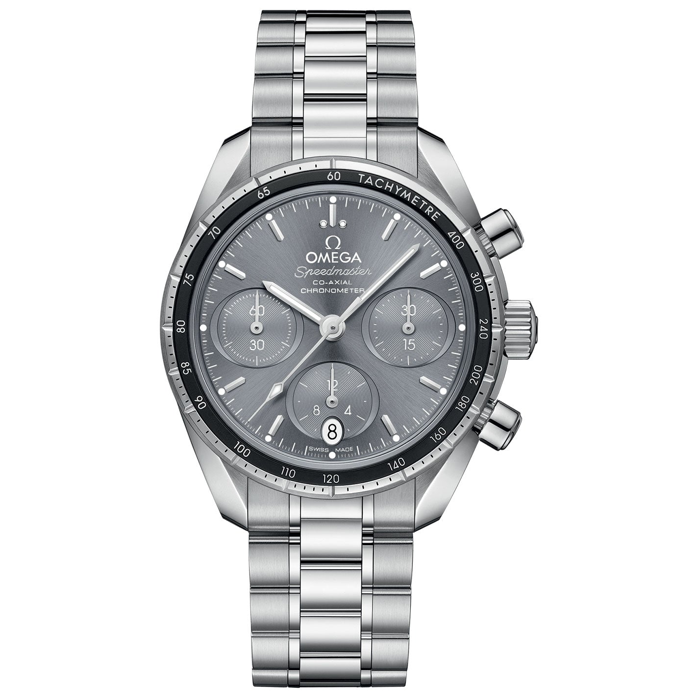 The OMEGA Speedmaster 38 Co-Axial Chronometer Chronograph 38mm Watch by OMEGA features a stainless steel case and bracelet, highlighting a grey dial with three subdials and a date window at the 6 o'clock position. A tachymeter scale on the bezel enhances this sophisticated chronograph design.