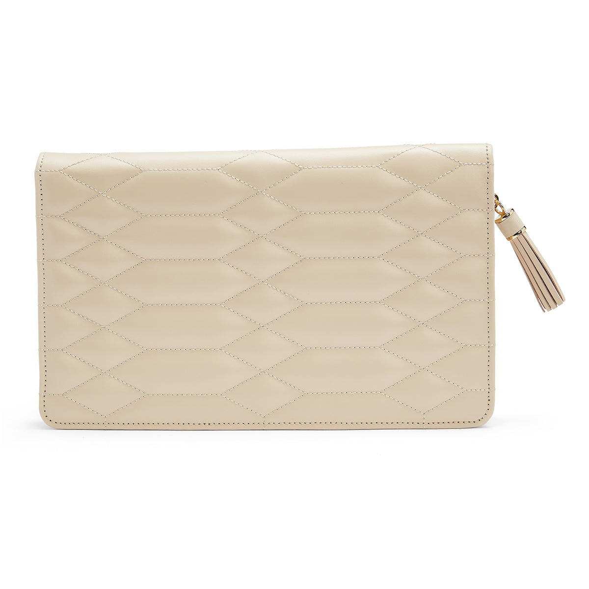 The WOLF 1834 Caroline Large Jewellery Portfolio is elegantly displayed against a plain white background, featuring its cream-colored diamond quilted leather design with a tassel zipper pull.