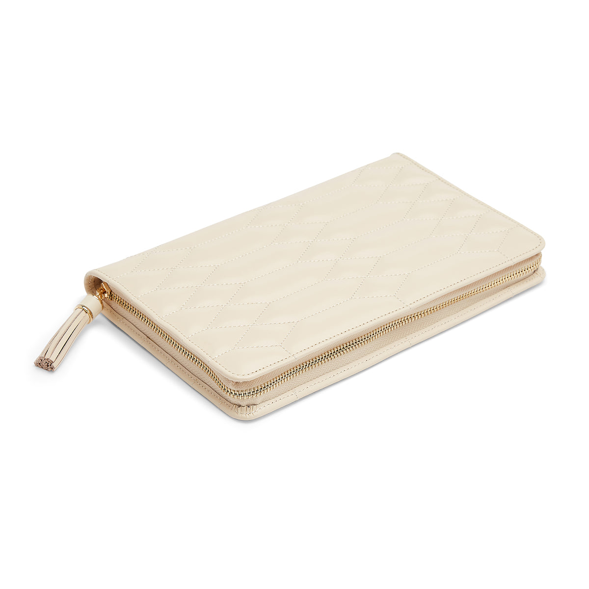 A beige, diamond quilted leather WOLF 1834 Caroline Large Jewellery Portfolio is displayed on a white background. It showcases a gold zipper and tassel pull. The portfolio is rectangular and elegantly designed with a smooth texture, ideal for those who appreciate subtle luxury.