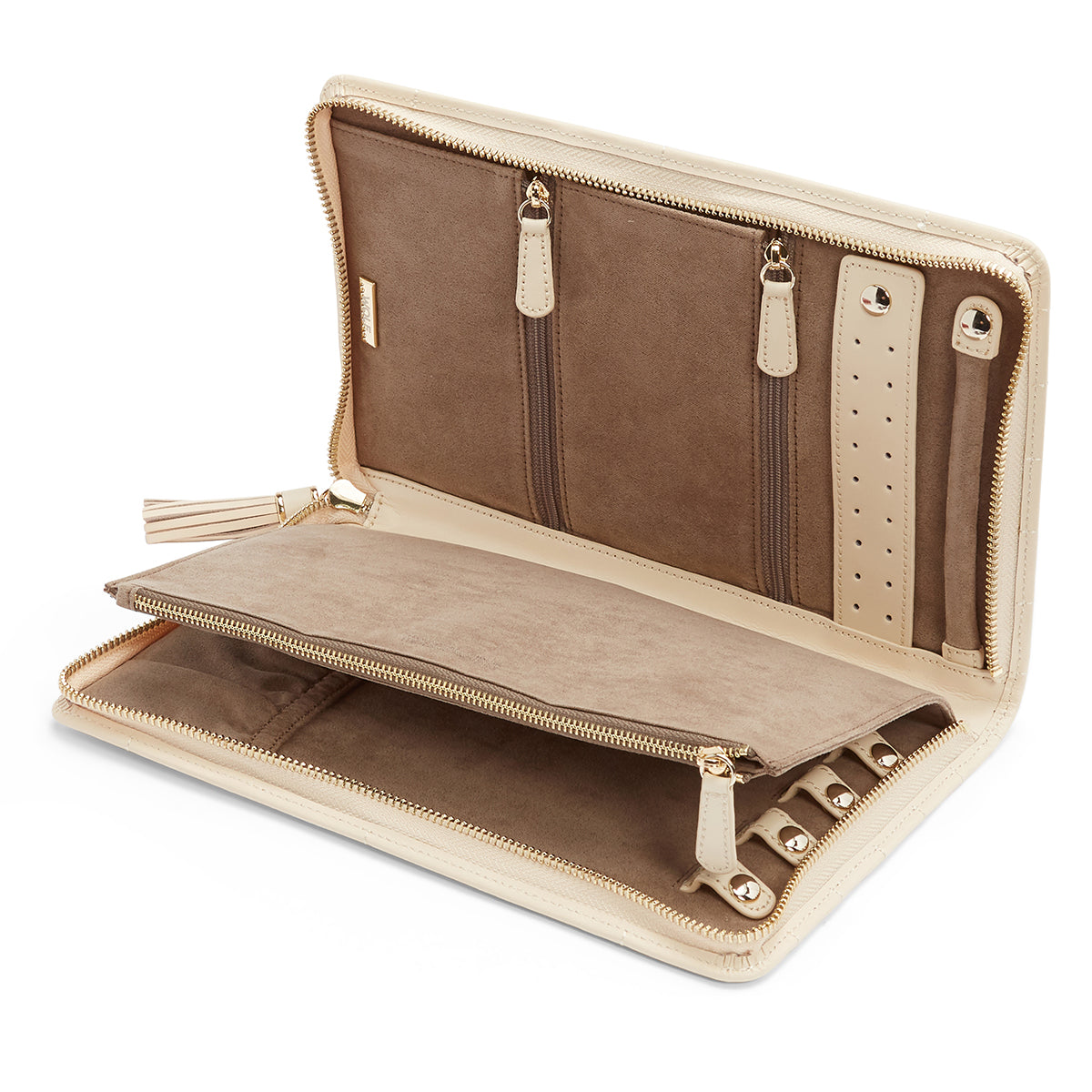 Introducing the WOLF 1834 Caroline Large Jewellery Portfolio: a stylish beige diamond-quilted leather accessory featuring multiple compartments for organization. It includes zippered pockets, card slots, and dedicated sections, all complemented by a contrasting brown interior lining. A tassel detail adorns one of the zippers for an added touch of elegance.