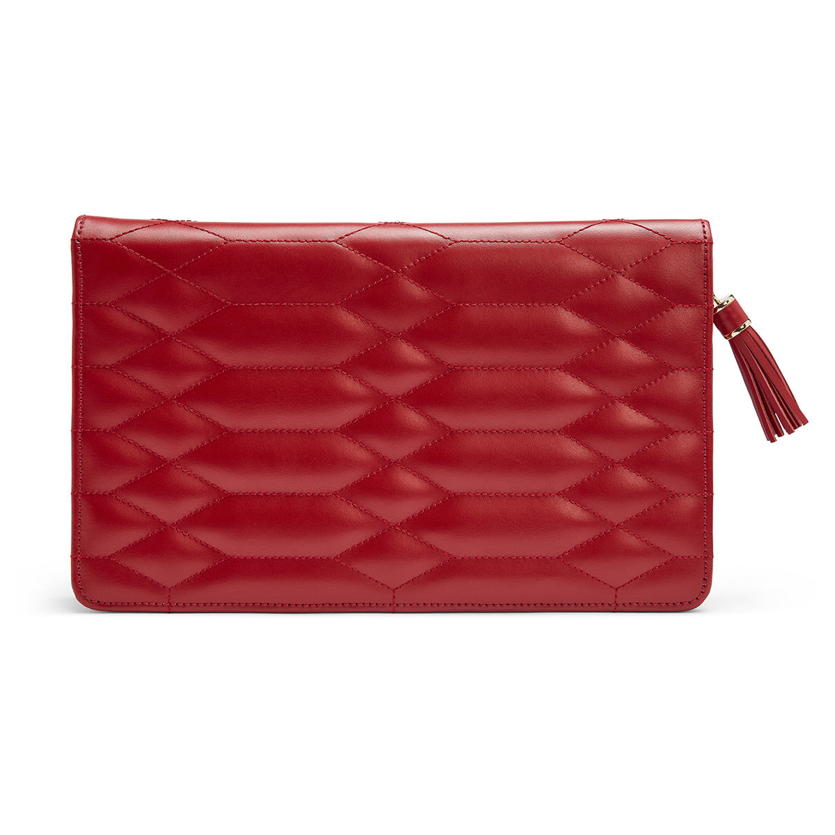 WOLF 1834's Caroline Large Jewellery Portfolio in quilted red leather showcases a diamond pattern, complemented by elegant gold hardware and a petite tassel on the zipper.