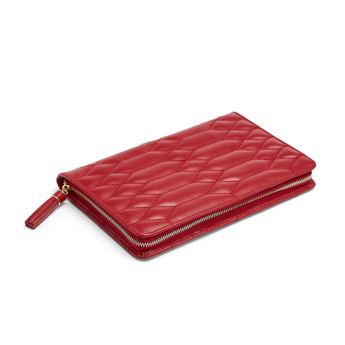 Introducing the WOLF 1834 Caroline Large Jewellery Portfolio, a luxurious red quilted leather accessory featuring elegant gold hardware and a coordinating leather tassel zipper pull. Its rectangular design lies flat, emphasizing the beautifully textured surface.