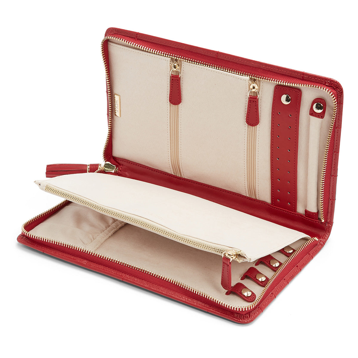 A WOLF 1834 Caroline Large Jewellery Portfolio is open, showcasing several compartments and zippered pockets. The interior is beige, with multiple slots and a section for organizing items. Featuring gold hardware, the portfolio boasts a sleek design and seems spacious for storing various essentials.