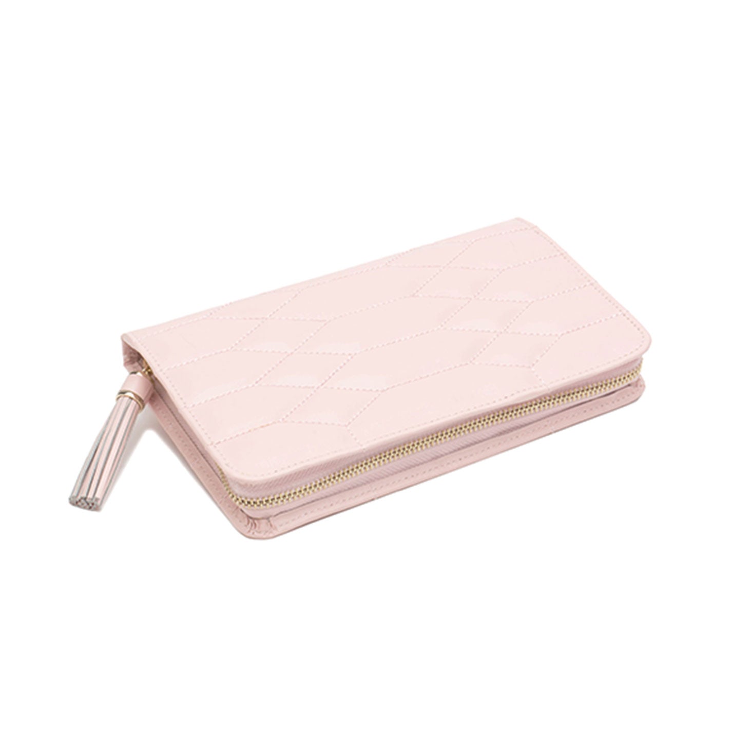 Introducing the WOLF 1834 Caroline Pink Jewellery Box: a chic, light pink accessory featuring a diamond quilted leather pattern and secure zipper closure. With its textured, glossy finish and elegant rectangular design, the metallic zipper tab elevates its sophistication, making it an ideal complement to any ensemble.