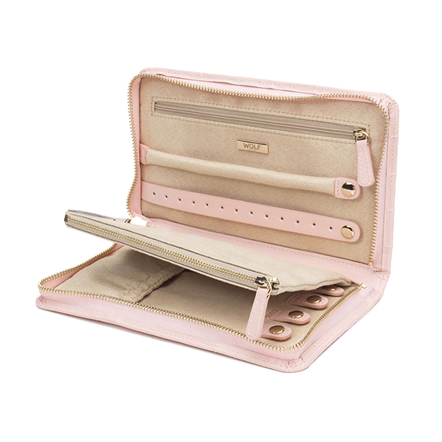 Experience sophistication and style with the WOLF 1834 Caroline Pink Jewellery Box. Crafted from elegant diamond quilted leather, it boasts zipper compartments, ring holders, and a beige interior lining, making it perfect for storing necklaces and small accessories.
