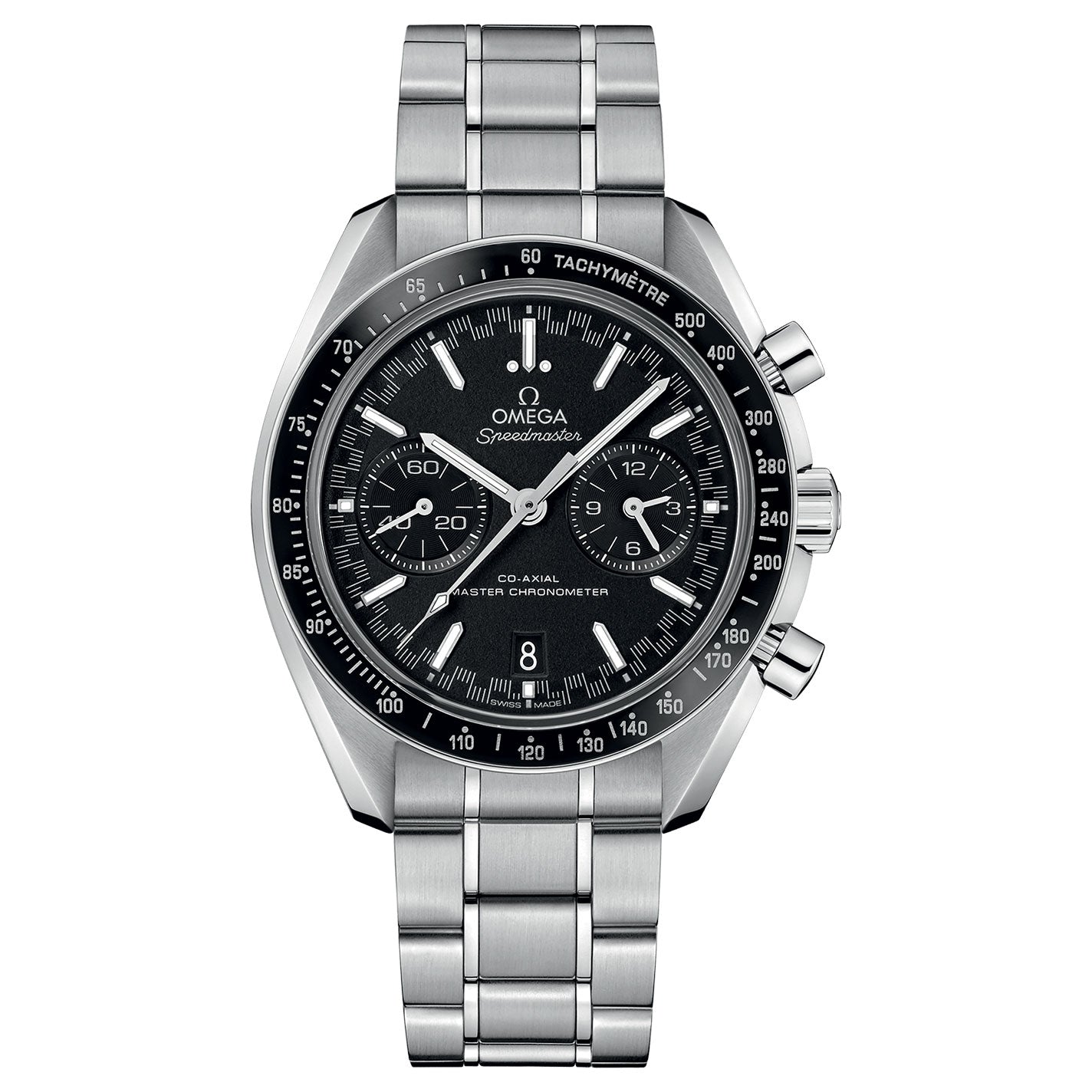 The OMEGA Speedmaster Racing Co-Axial Master Chronometer Chronograph 44.25mm watch, crafted by OMEGA, showcases a black dial with three subdials and a tachymeter scale on the bezel. Its stainless steel bracelet beautifully complements the prominently displayed OMEGA logo on the face.
