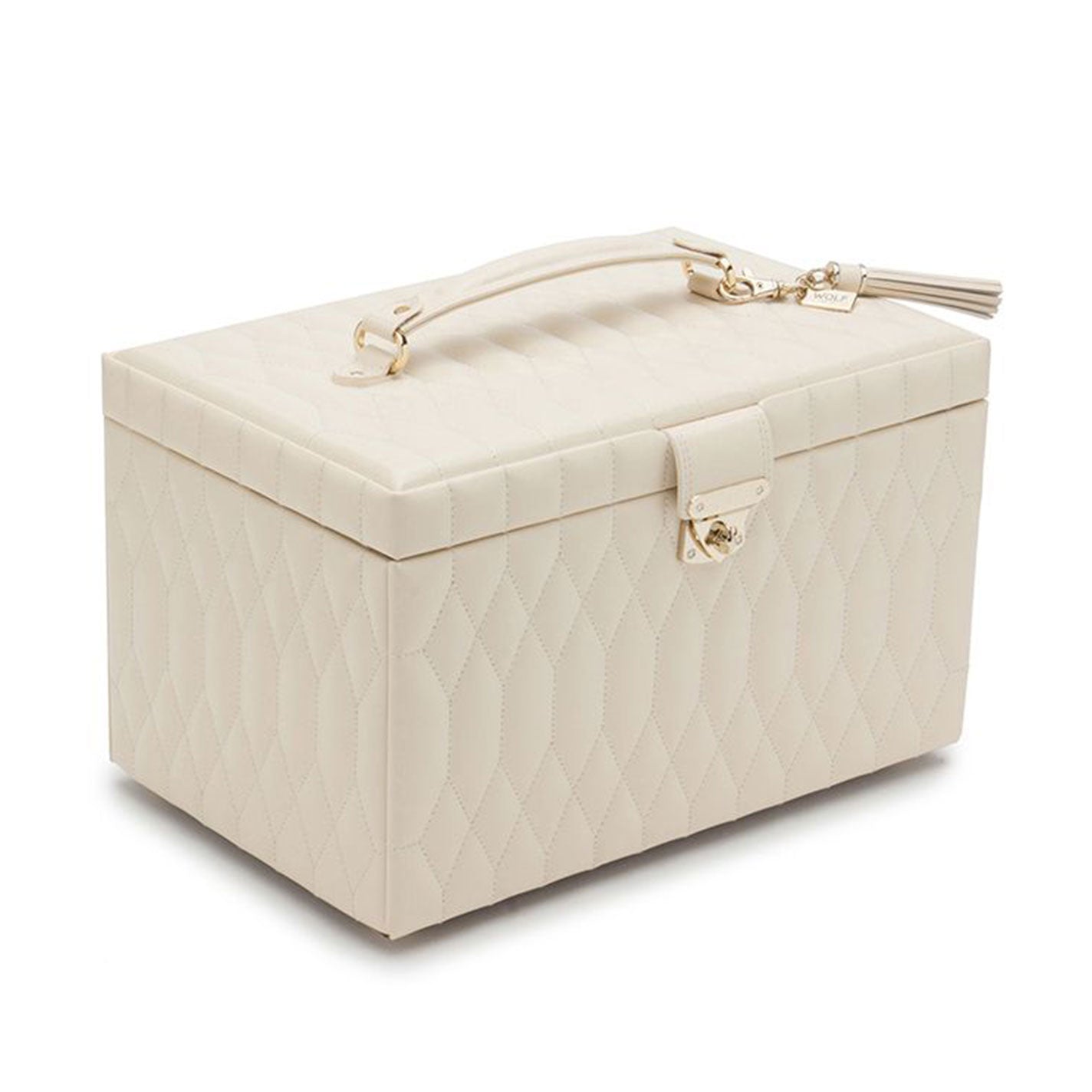 The WOLF 1834 Caroline White Large Jewellery Box is crafted from cream-colored, diamond-quilted leather, featuring a gold latch and a handle on top. It includes a decorative tassel attached to the clasp and incorporates LusterLocâ„¢ technology to help preserve your treasures.