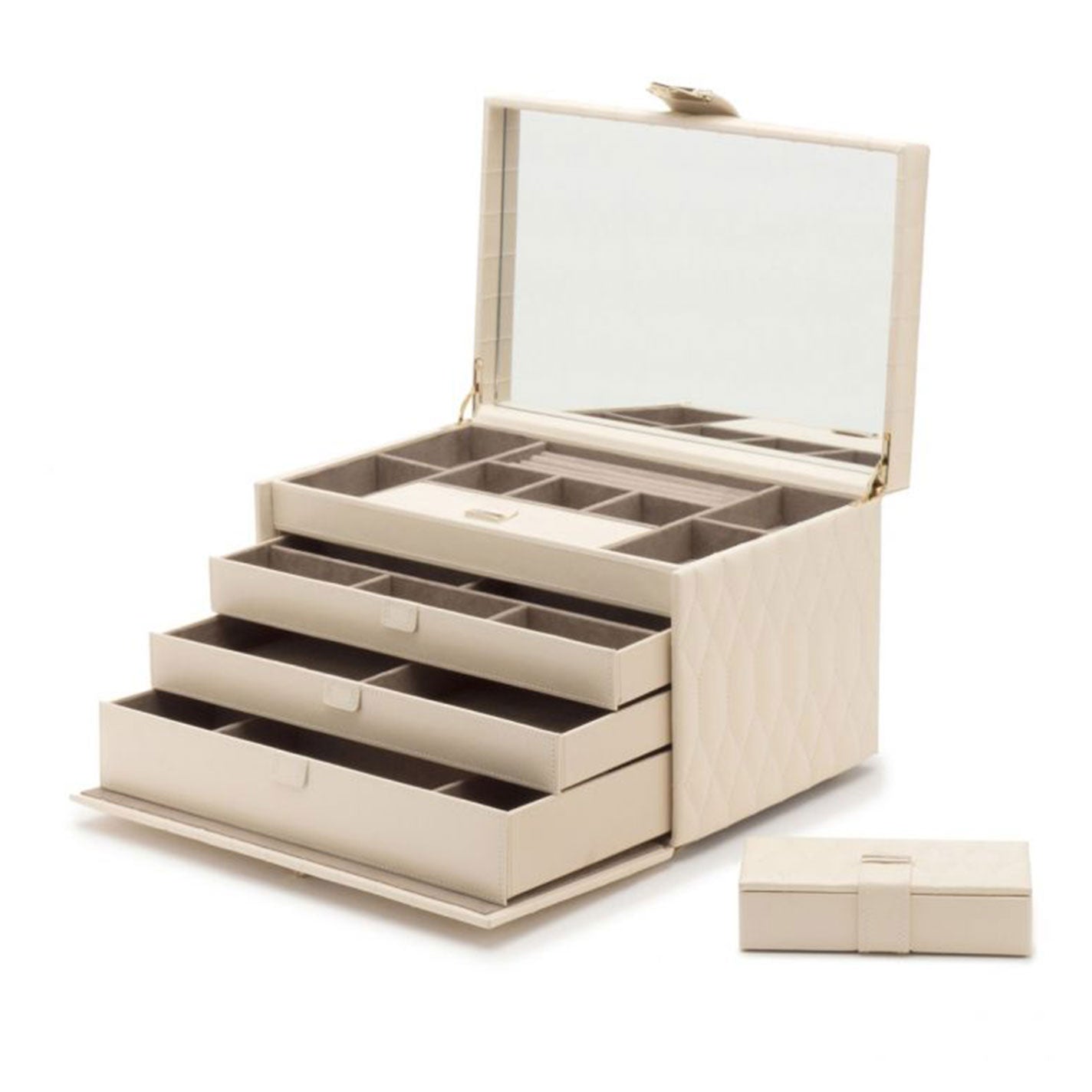 The WOLF 1834 Caroline White Large Jewellery Box in diamond quilted leather is open, revealing a mirrored lid and multiple compartments for jewelry storage. It includes three pull-out drawers and LusterLocâ„¢ to safeguard your valuables. Positioned beside it is a small detachable case.
