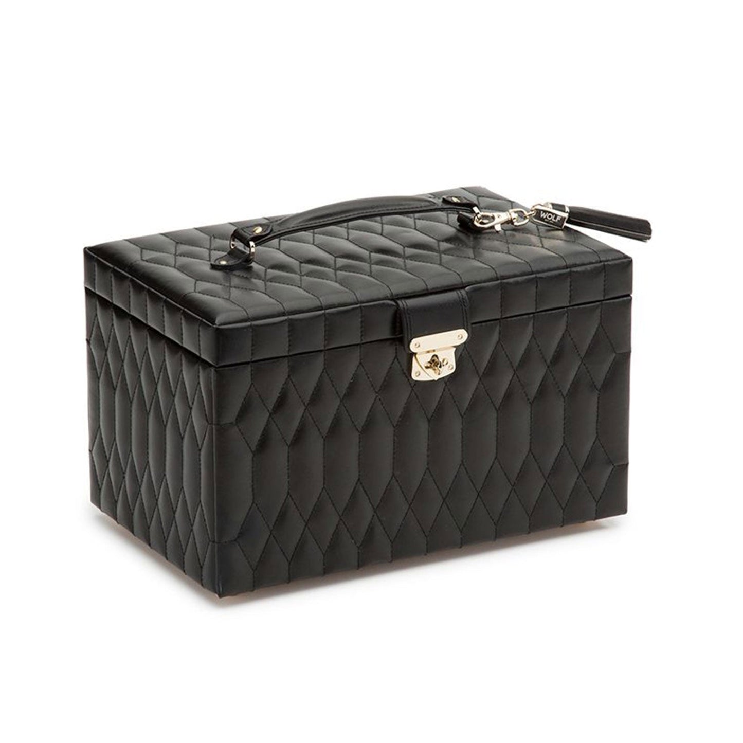 Introducing the WOLF 1834 Caroline Black Large Jewellery Box: This exquisite jewelry case comes in a sophisticated black, featuring diamond-quilted leather with elegant stitching patterns. It boasts a sleek rectangular shape, complemented by a handle and secure front latch, and is equipped with LusterLocâ„¢ technology to ensure your precious pieces remain perfectly protected.