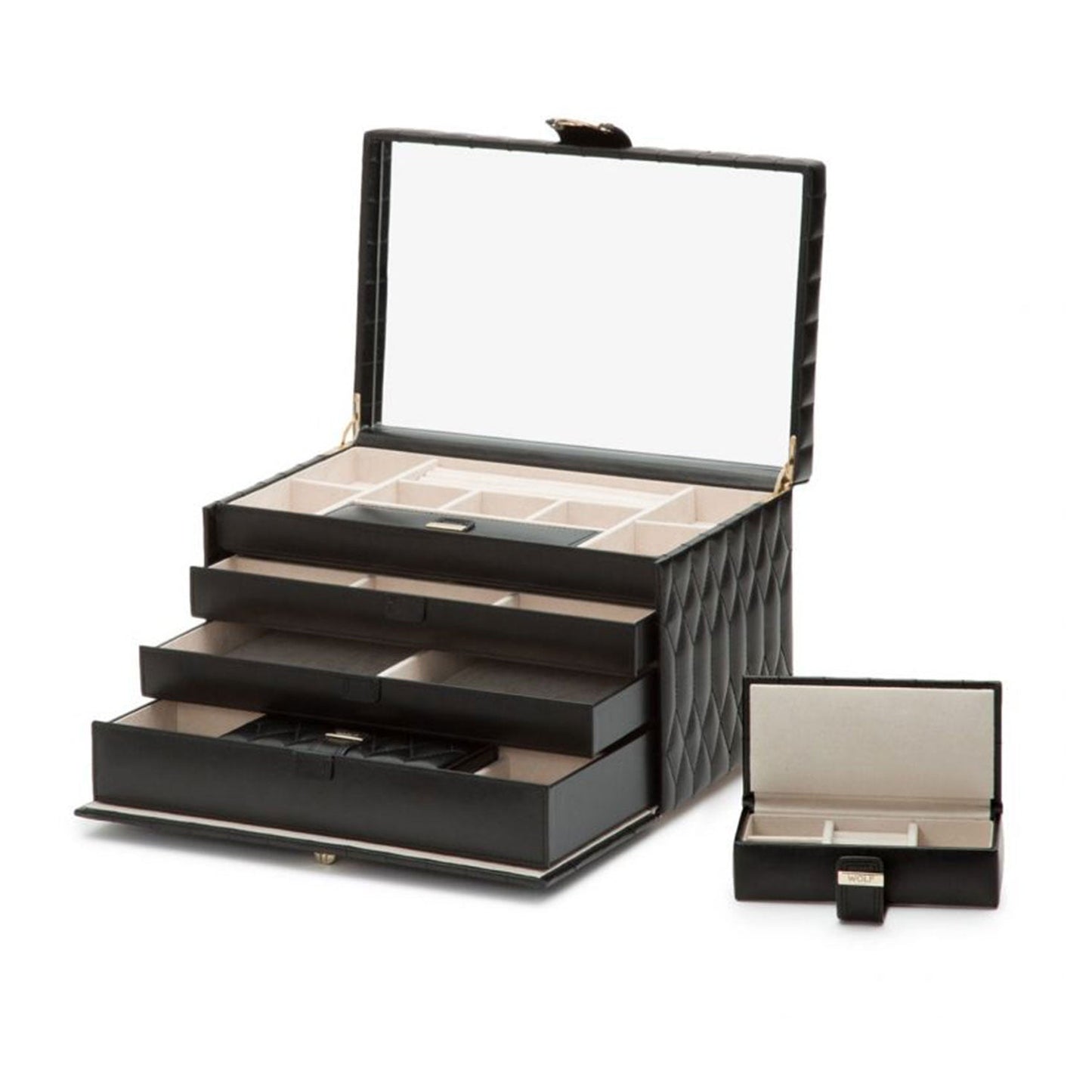 The WOLF 1834 Caroline Black Large Jewellery Box, made by WOLF, is an elegant open black diamond quilted leather box with multiple compartments and a mirrored lid featuring LusterLocâ„¢ technology. It includes several drawers for organizing jewelry. Accompanying it is a smaller matching jewelry case with a secure clasp.