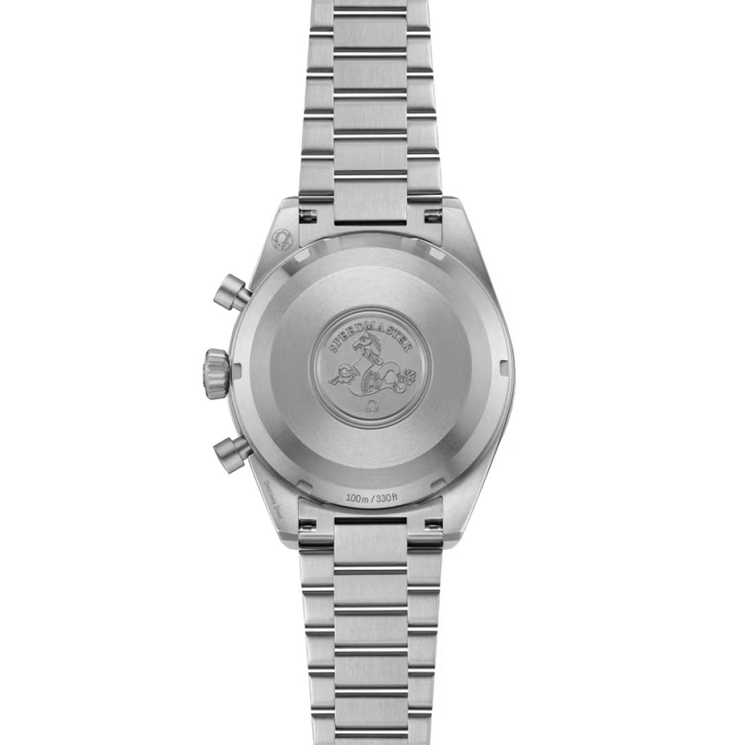 The OMEGA Speedmaster Pilot Co-Axial Master Chronometer 40.85mm Watch is shown from the back, featuring an engraved case back with moon landing artwork and text, three side buttons, and a stainless steel link bracelet.