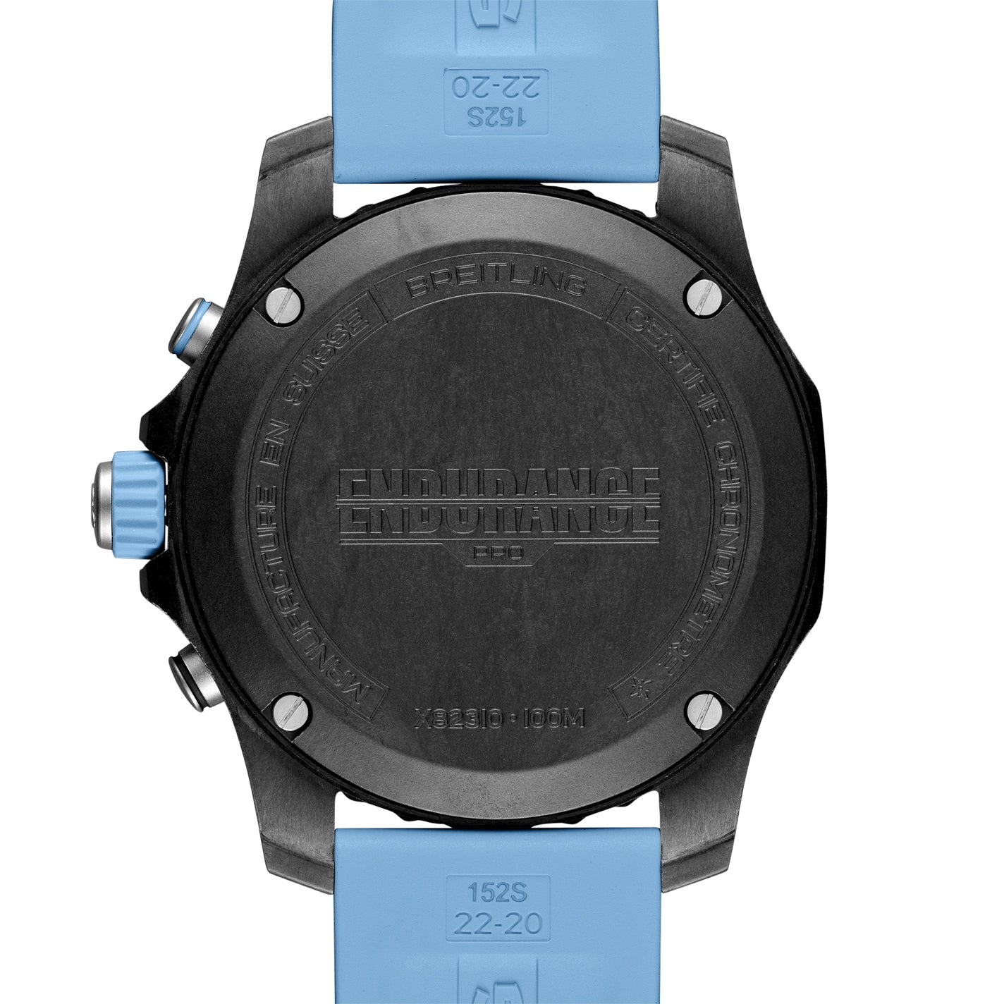 Back view of the BREITLING Endurance Pro 44 showing a light blue rubber strap, engraved branding on the case back, and chronograph pushers—an ideal athleisure watch from Breitling.