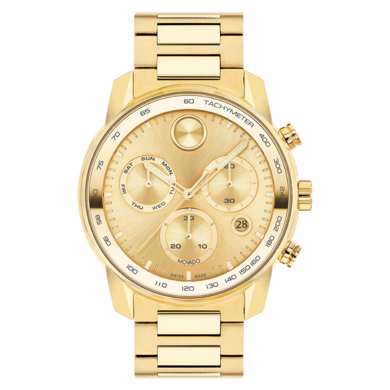 The Movado BOLD Verso Quartz 44mm Watch by Movado features a tachymeter bezel and three subdials that display the day, date, and 24-hour time. Its yellow gold chronograph design showcases a round face paired with a coordinating metal link bracelet, all enhanced with Swiss Super-LumiNova for optimal readability in any lighting condition.