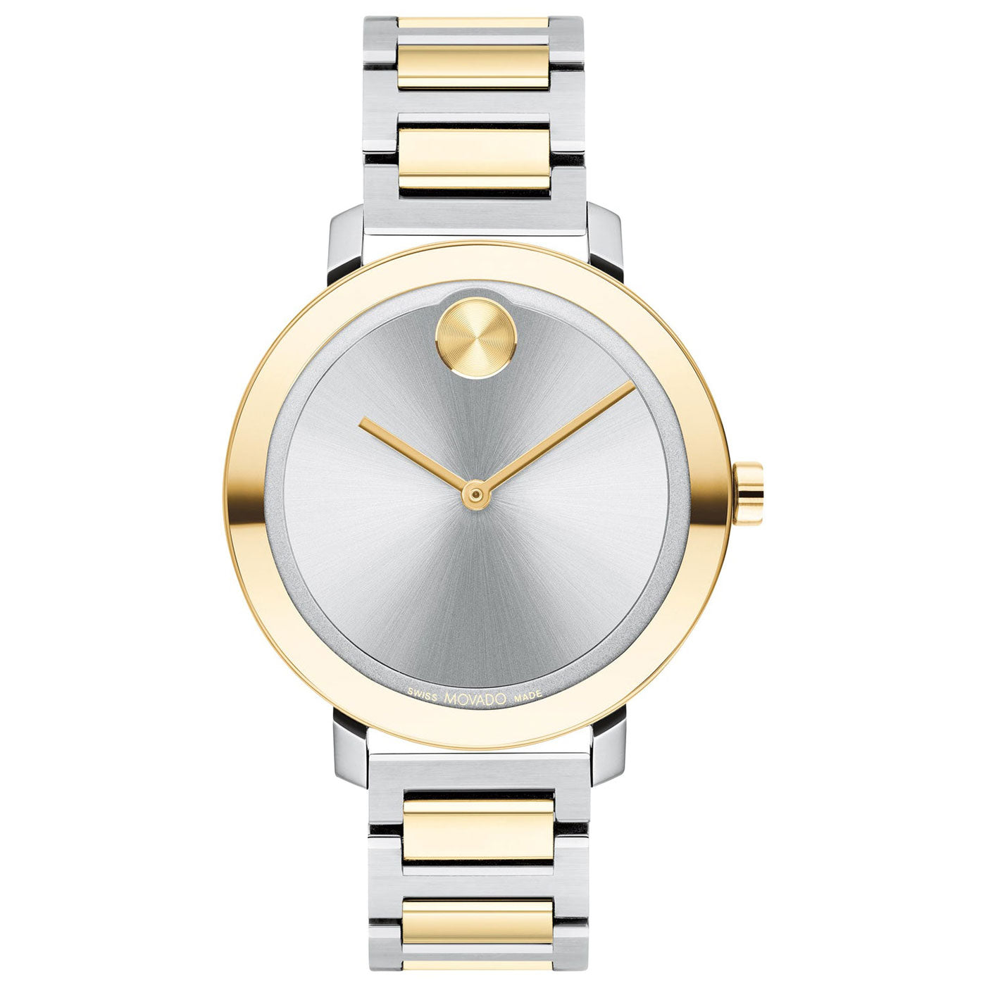 The Movado BOLD Evolution Quartz 34mm Watch, by Movado, is a luxury timepiece featuring a two-tone silver and gold metal band. Its round face showcases a minimalist design with gold hour and minute hands, a gold circle at the 12 o'clock position, and a brushed silver finish.