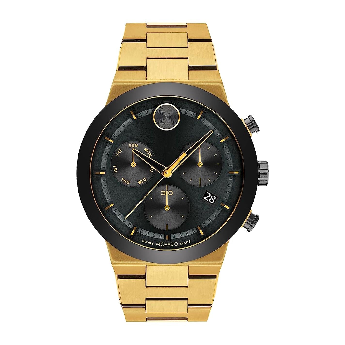 The Movado BOLD Fusion Quartz 44.5mm Watch, by Movado, features a sleek design with a ceramic bezel and a black chronograph dial. It includes three subdials for tracking the day, date, and smaller time intervals. The watch's gold-toned bracelet with a brushed finish enhances its elegant look.