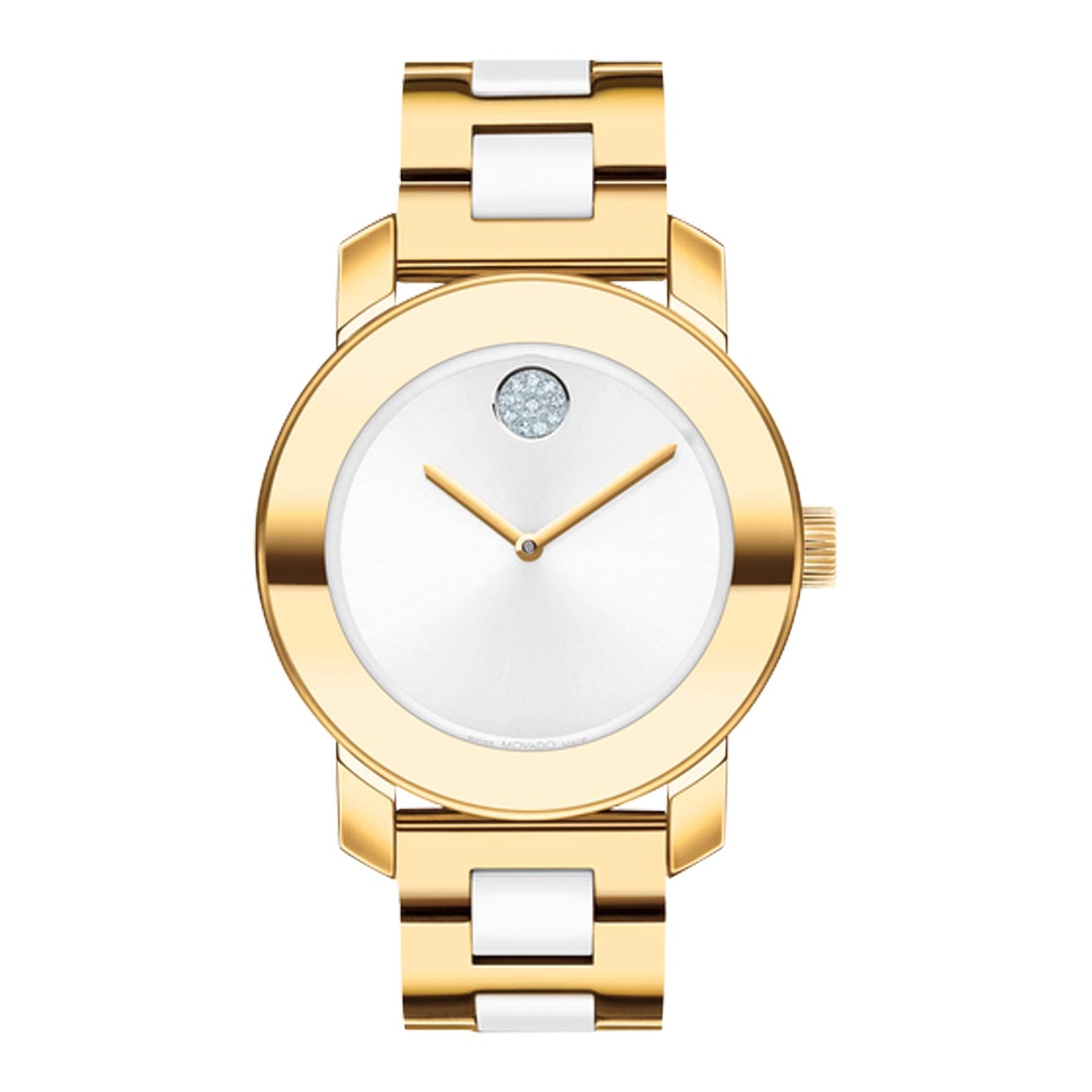 Introducing the Movado BOLD Ceramic Quartz 36mm Watch by Movado. This elegant timepiece boasts a gold and white bracelet made from gold ion-plated stainless steel. It features a round, white dial with gold hour and minute hands, enhanced by sparkling crystals at the 12 o'clock position on a minimalistic background.