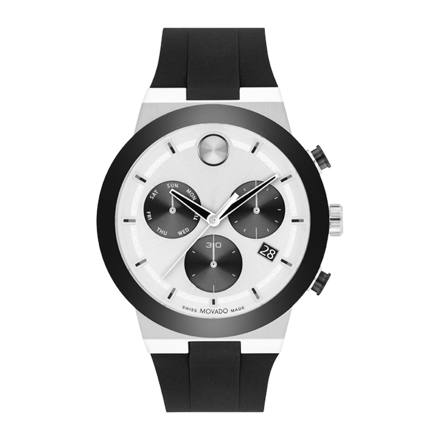 Introducing the Movado BOLD Fusion Quartz Chronograph 44.5mm Watch by Movado, a sleek timepiece featuring a sophisticated black and white design. This watch includes a chronograph with three subdials, a date window, and boasts a stainless steel case. It is complemented by a black silicone strap and silver-tone bezel for a minimalist aesthetic.