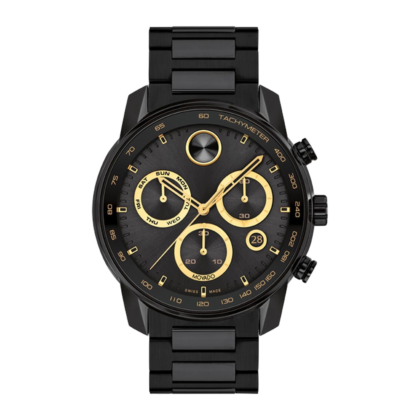 The Movado BOLD Verso Quartz Chronograph 44mm Watch features a sophisticated design with a black ion-plated stainless steel case and tachymeter bezel. Its face is adorned with gold accents, including hands and markers, which display the days of the week, date, and seconds through three subdials. The sleek bracelet complements the modern aesthetic while highlighting its advanced chronograph function.