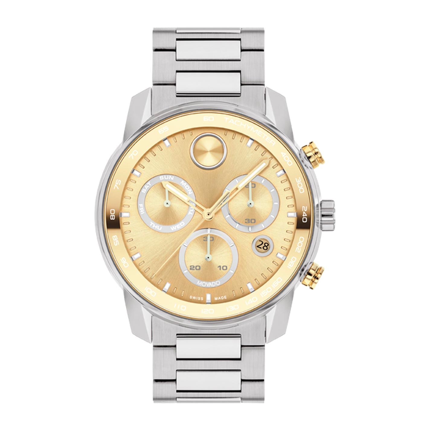 Introducing the Movado BOLD Verso Quartz Chronograph 44mm Watch, a chic wristwatch crafted by Movado. This timepiece features a gold-toned dial complemented by a tachymeter bezel and showcases three chronograph subdials along with a date window. Gold accents embellish the buttons, while the stainless steel link band provides a sleek finishing touch.