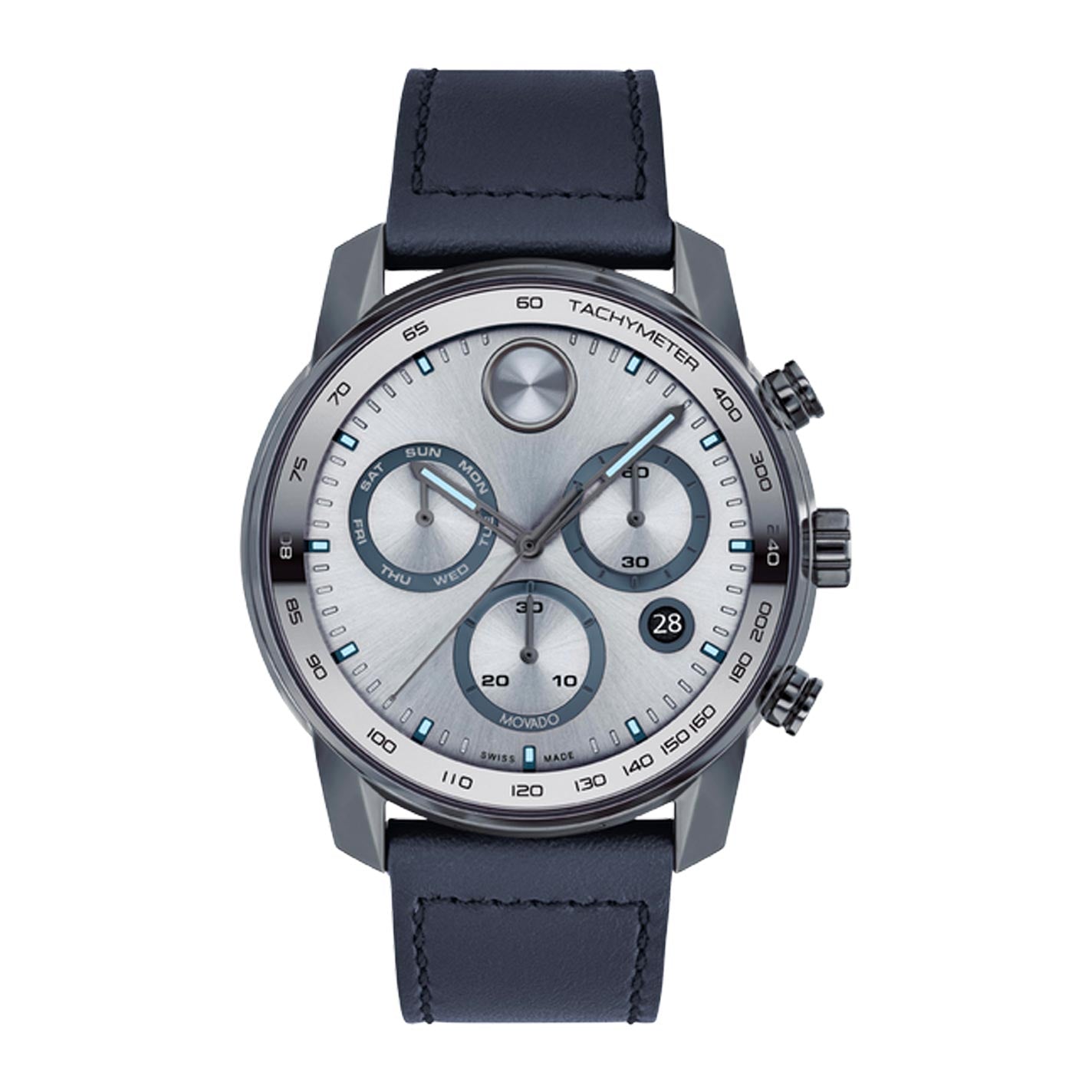 Introducing the Movado BOLD Verso Quartz Chronograph 44mm Watch by Movado. This elegant timepiece boasts a silver dial paired with a black leather strap. It includes three sub-dials, a date display, and is enhanced with Swiss Super-LumiNova for superior nighttime readability. The tachymeter bezel not only adds functional utility but also elevates the watch’s stylish appeal, perfectly set to 10:10 with visible day and date indicators for your convenience.