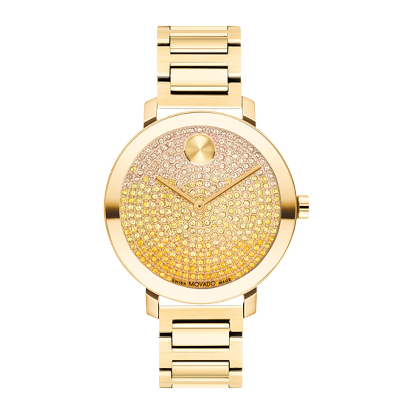 The Movado BOLD Evolution Quartz 34mm Watch is a masterpiece of elegance, showcasing a stunning crystal-studded dial with a minimalist design highlighted by a single dot at 12 o'clock. Crafted in yellow gold ion-plated stainless steel, it features sleek hands and comes with a matching gold bracelet strap.