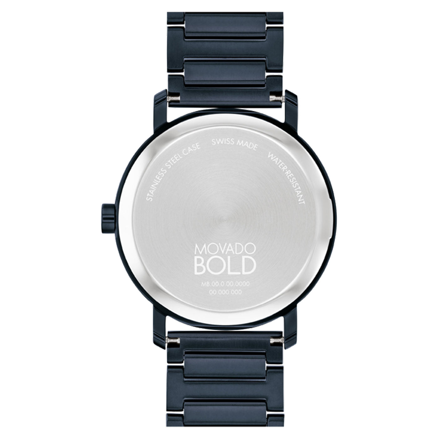 The back view of the Movado BOLD 2.0 Quartz 40mm Watch showcases a black metallic H-link bracelet. The round stainless steel case features engravings of "Swiss Made" and "Water Resistant." The dial is finished with a matte texture and is complemented by the crown placed on the left side.