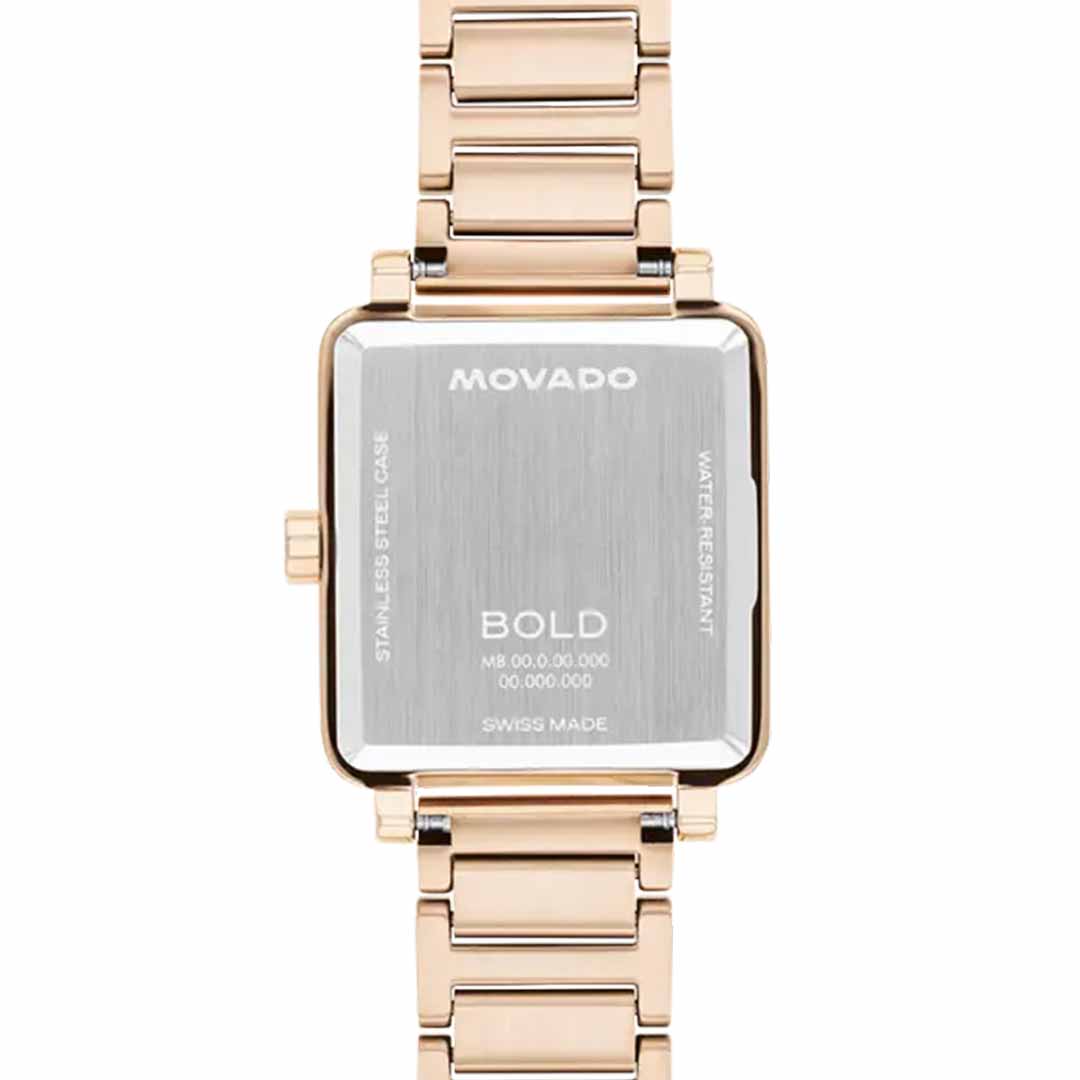 Back view of a Movado BOLD Evolution 2.0 Quartz wristwatch showcasing its bold rectangular design and rose gold-tone lacquer metal band. The Swiss-made, stainless steel case measures 28mm x 26mm, is water-resistant, and is elegantly paired with a linked bracelet.