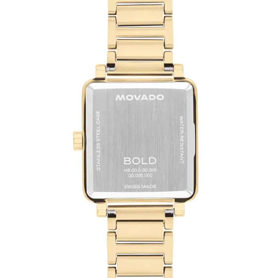 Presenting the Movado BOLD Evolution 2.0 Quartz 28mm x 26mm Watch, a striking timepiece with a gold rectangular face and micro-textured dial. The back is elegantly engraved with "MOVADO" and "BOLD," detailing its features: "Stainless Steel Case" and "Water Resistant." The band highlights an elegant gold metal link design.