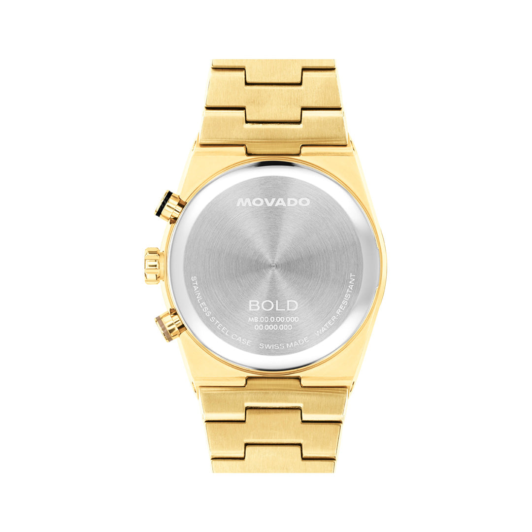 Back view of a gold-tone Movado BOLD Quest Chronograph Quartz 40mm Watch with a metal link bracelet, showing the metallic case back with engraved text.
