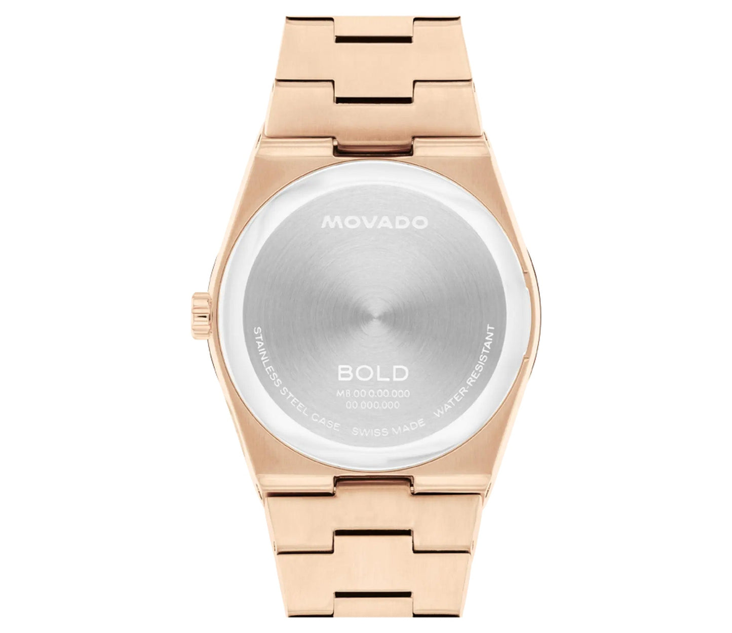 The image displays the back of a Movado BOLD Quest Quartz 35mm watch, featuring an integrated bracelet and a rose gold stainless steel band. Notable details such as "Stainless Steel Case," "Swiss Made," and "Water Resistant" are prominently shown, emphasizing the watch's BOLD Quest identity.