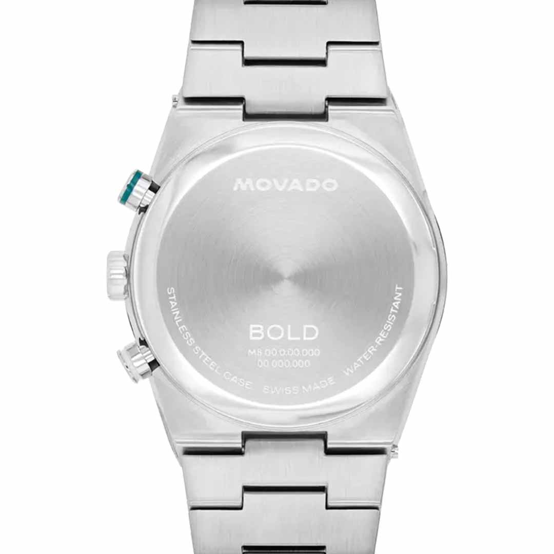 The back view of the Movado BOLD Quest Quartz 42mm Watch showcases a stainless steel finish with an integrated bracelet. The case is engraved with "Stainless Steel Case," "Swiss Made," and "Water Resistant," making it an ideal choice for those who desire both style and functionality.